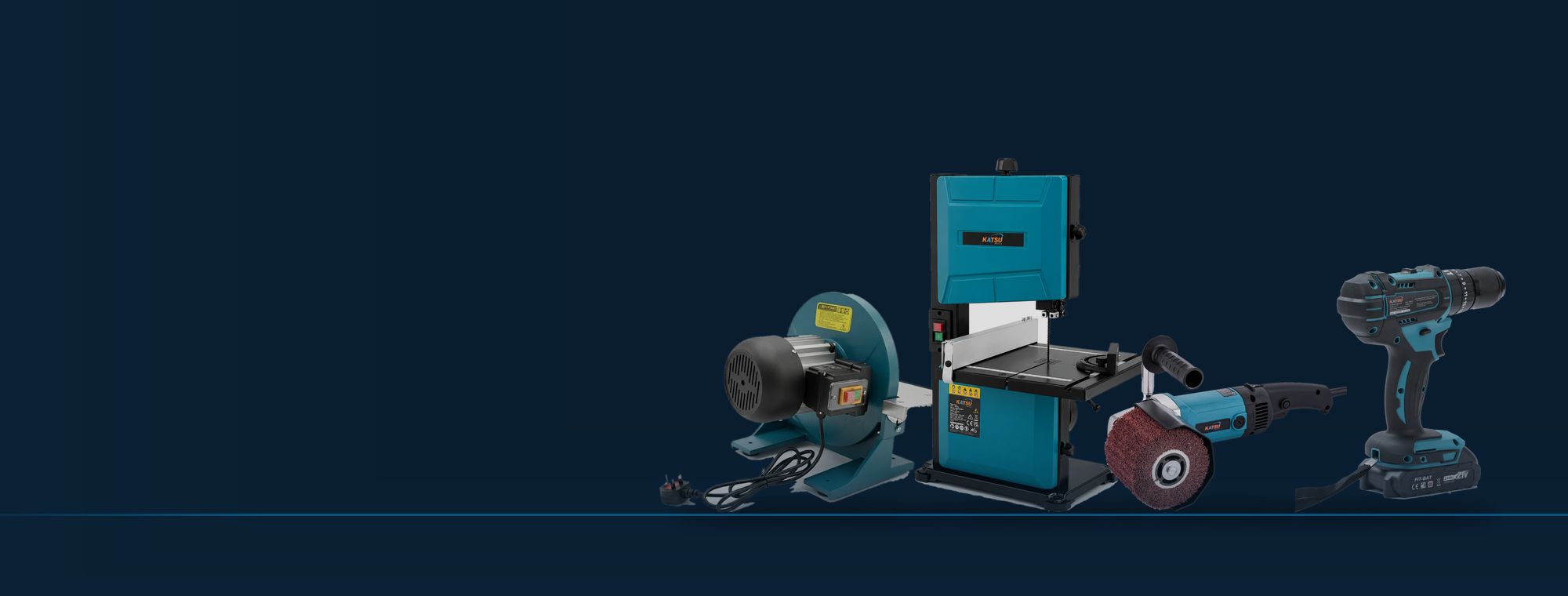 The Katsu workshop range: linisher, bandsaw, burnisher and cordless drill
